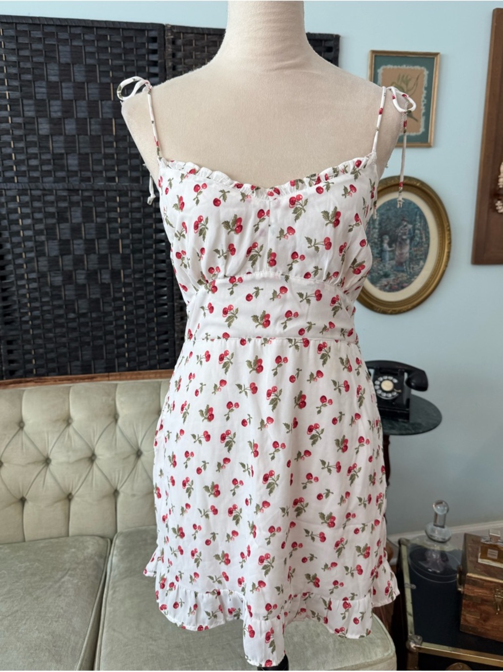 🍒✨ Abercrombie & Fitch Cherry Print Tie Strap Mini Dress Smocked Back Ruffle Hem